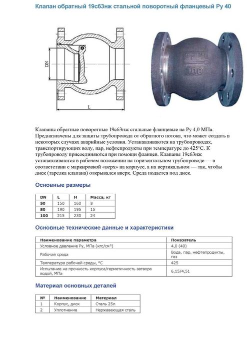 Клапан обратный чугунный, стальной Ташкент 50 - 200 (вода, пар, газ)