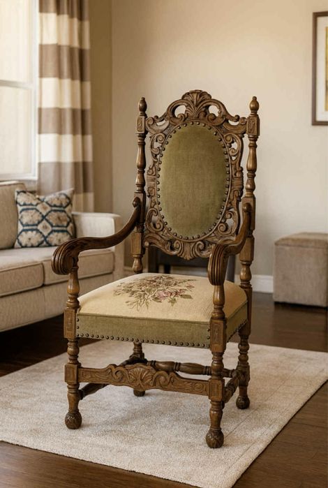 Античен резбован стол с бродерия-уникат от 19-ти век