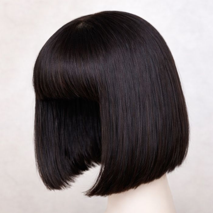 Естествена перука коса 25,4 см дължина черна с бретон 150% плътност