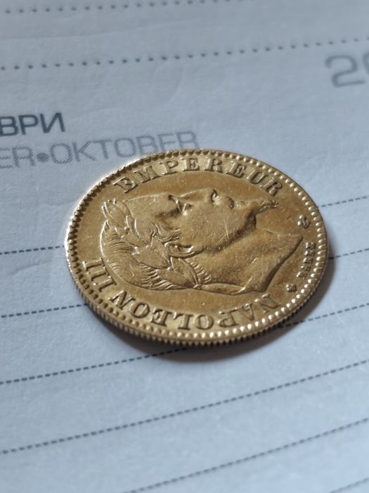 Златна монета 10 франка 1864 год, злато 3.23 гр,900/1000 (21.60 к)