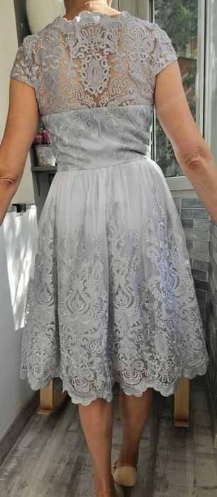 Rochie A-Line, Gri,Dantela,Lungime medie, mâneca scurta,cu sutien/cupe