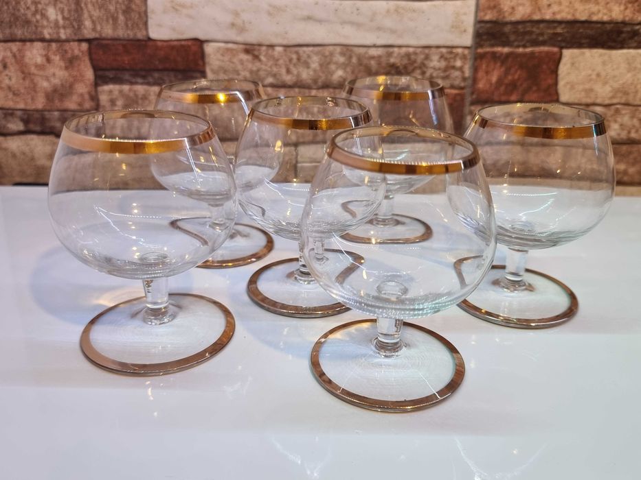 Set 6 pahare vechi de cristal, coniac, pictate manual