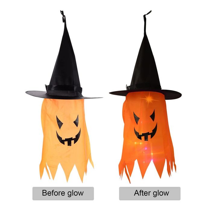 Set 7 Decoratiuni Halloween Fantome cu Palarie de Vrajitoare si LED