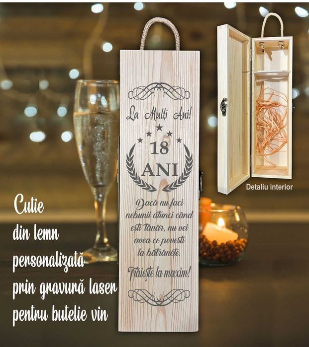 Cadou Cutie lemn gravată pentru butelie vin