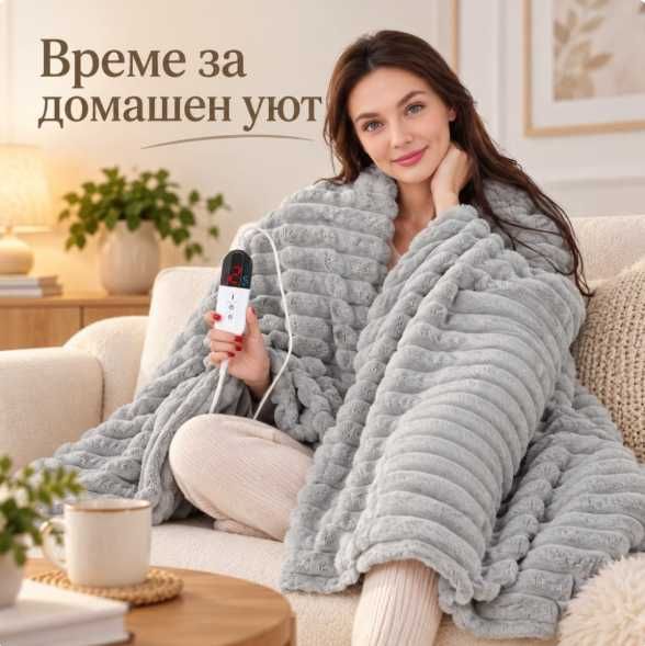 Луксозно сиво електрическо одеяло 160х180 см с релефна текстура и дисплей