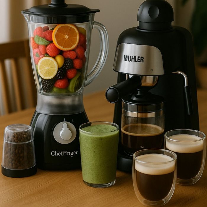 Комплект от еспресо машина MUHLER MCM-33 + 2 стъклени чаши и блендер