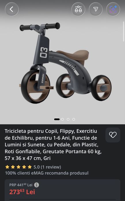 Tricicleta echilibru Flippy 1-6 ani gri