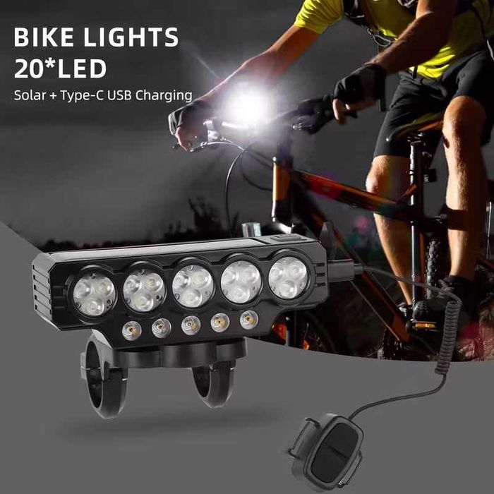 Ултра ярка 20 LED SOLAR светлина за велосипед, Клаксон, Бтерия 4000mAh