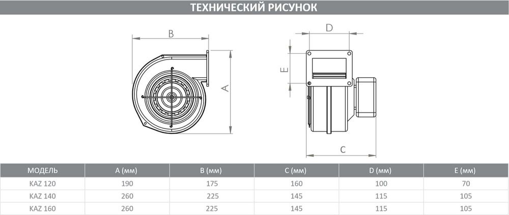 KAZ alyuminiy ventilyator ulitka, 230V, 275-600 m³/soat