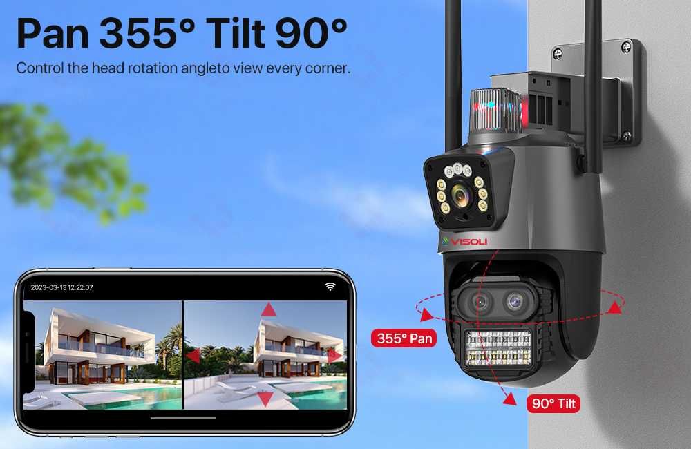 Camera de Supraveghere Tripla WIFI Visoli® P10 PRO Zoom,3 Lentile,12MP