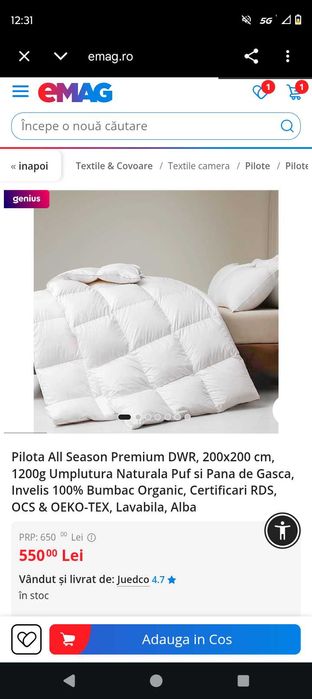 Pilota 200x200 puf de gâscă si pene