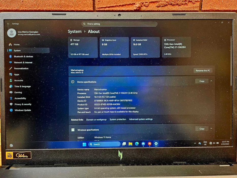 Laptop Acer V15 | Intel i7-13620H | RTX 4060 8GB | 16GB RAM | 144Hz