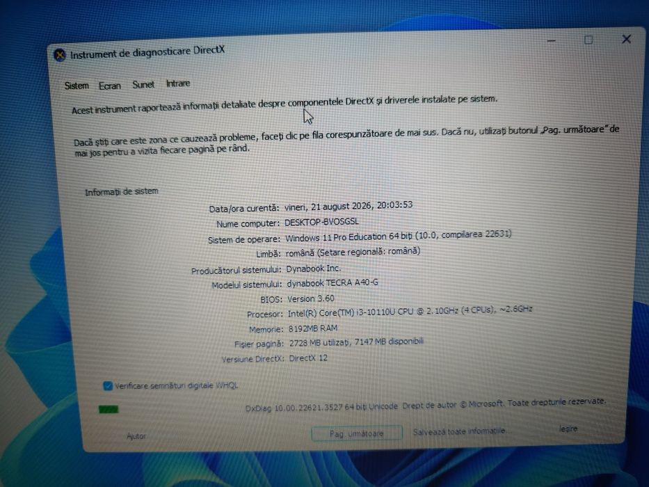 Dynabook Tecra A40-G, i3-10110U, 8 GB RAM, SSD 128 GB.