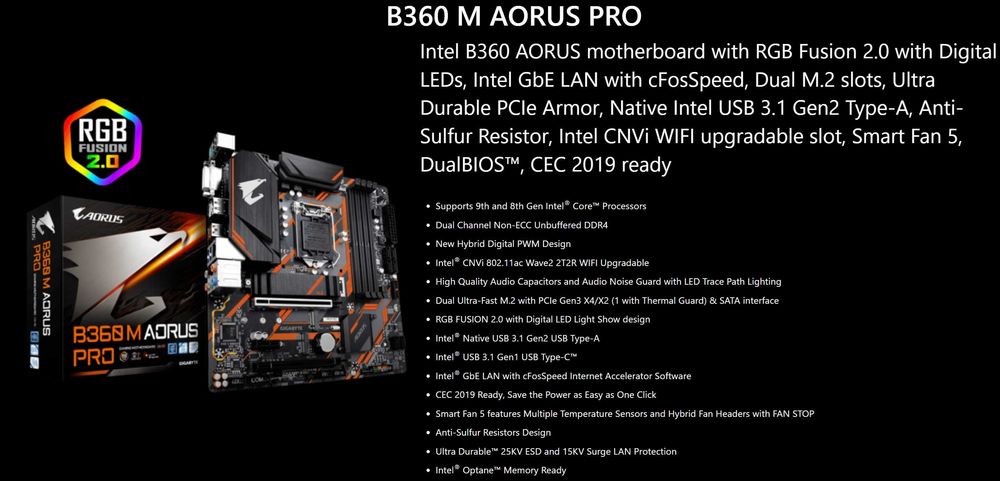 Дъно Дънна платка GIGABYTE B360 M Aorus PRO 1151 DDR4 RGB Overclock