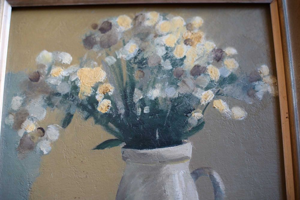 Tablou original 1983 Liviu Suhar 38,5 x 29,5 cm „Flori și gutui“ ulei pe carton