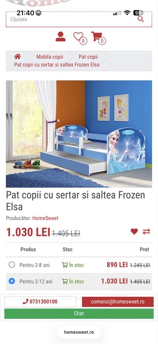 Pat copiii 2-12 ani cu sertar si saltea Frozen Elsa 160x80 cm