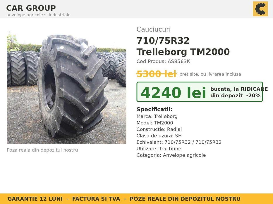 ANVELOPE 710/75R32 Trelleborg TM2000 Cauciucuri Combina Tractor Mare Claas John Deere Fendt SH GARANTIE Factura TVA Livrare