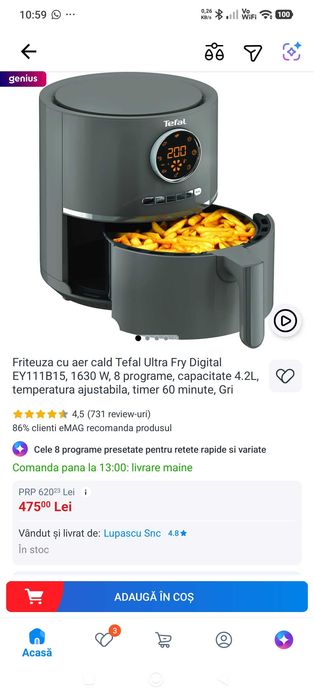 Airfryer Tefal EY111B15, 1630 W, 4.2 litri, 8 programe
