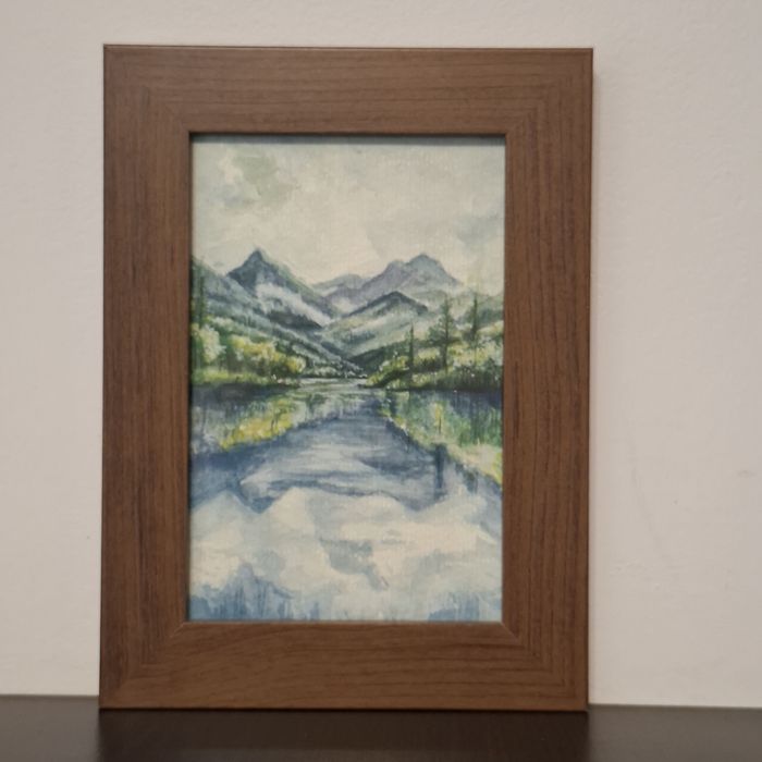 Tablou Acuarelă - Vale Montană și Râu - Pictură Originală - Ramă Lemn Natur