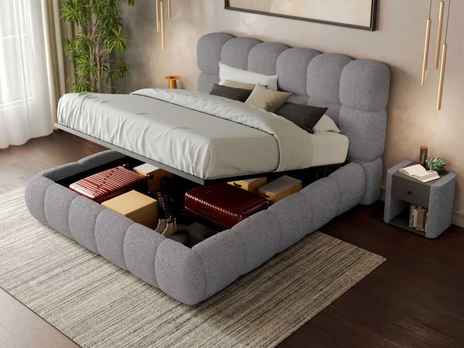 Pat Tapitat Espera tip bubble cu somiera rabatabila si lada de depozitare Gri Rolf 6