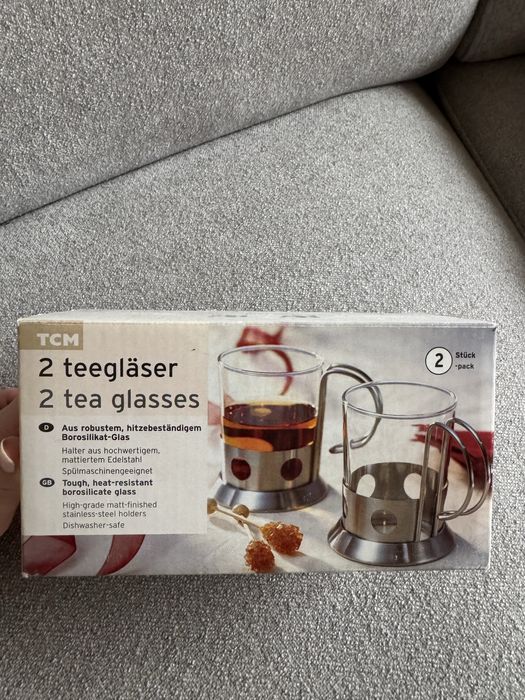 Set 2 pahare pentru ceai – borosilicat + suport inox