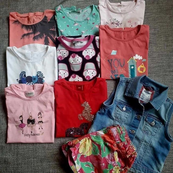 8 бр.блузки, дънково елече и пъстри къси панталони, 7- 8 год.