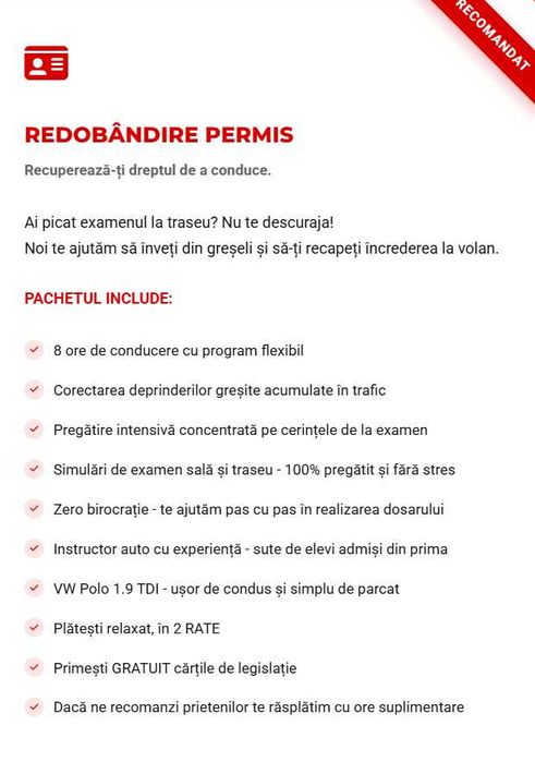 Școala de șoferi cat. B / redobândire permis / perfecționare auto / reexaminare traseu - Botoșani