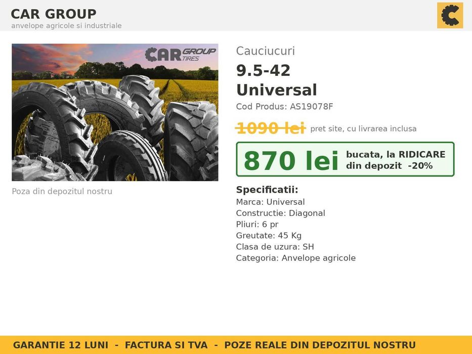 Cauciucuri 9.5-42 9.5R42 230/95R42 23095R42 Universal ANVELOPE Tractor Prasit Diagonale 6PR SH GARANTIE Factura TVA