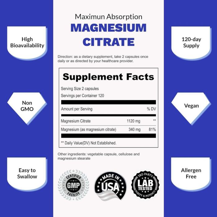 Цитрат Магния UpNourish 240 капсул Pure  Magnesium Citrate из Америки