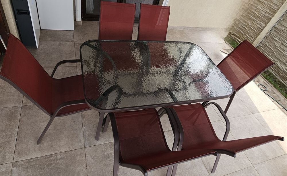 Set terasa / mobilier gradina cu masa fixa, dreptunghiulara, 6 scaune, pentru exterior, metal si textilen, rosu