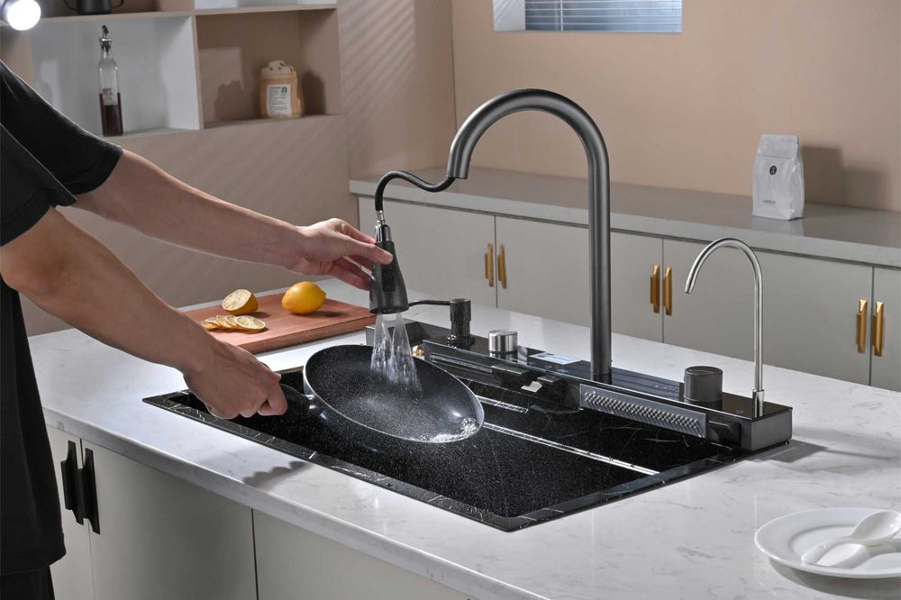 Черен мрамор - Мултифункционална кухненска мивка с двоен водопад