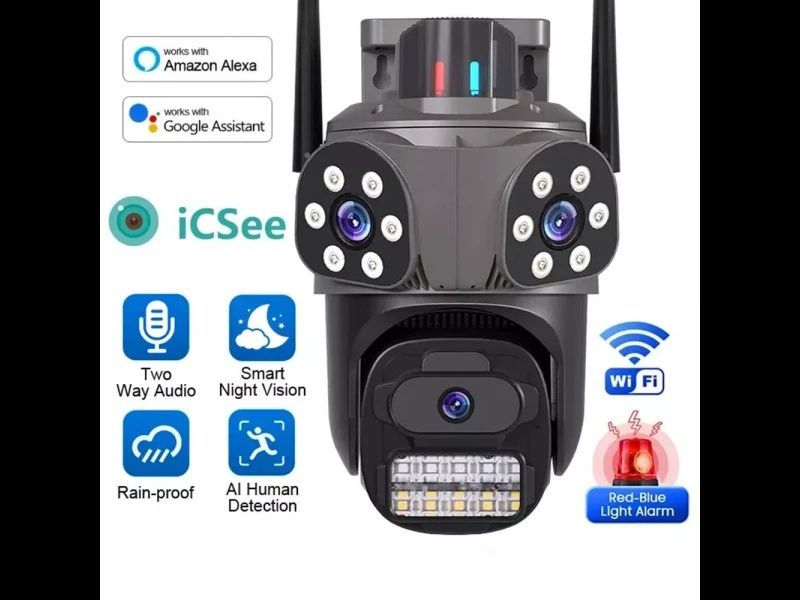 Тройна външна въртяща WiFi AI камера 10MP с три обектива, ICSee, Черна