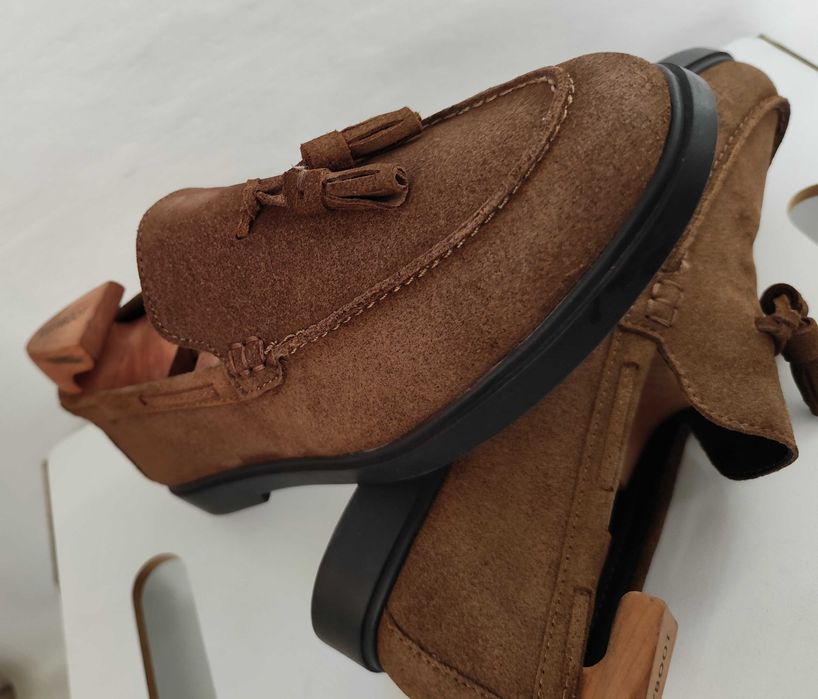 Pantofi loafer 40 tassel premium ZARA NOI piele naturala suede moale