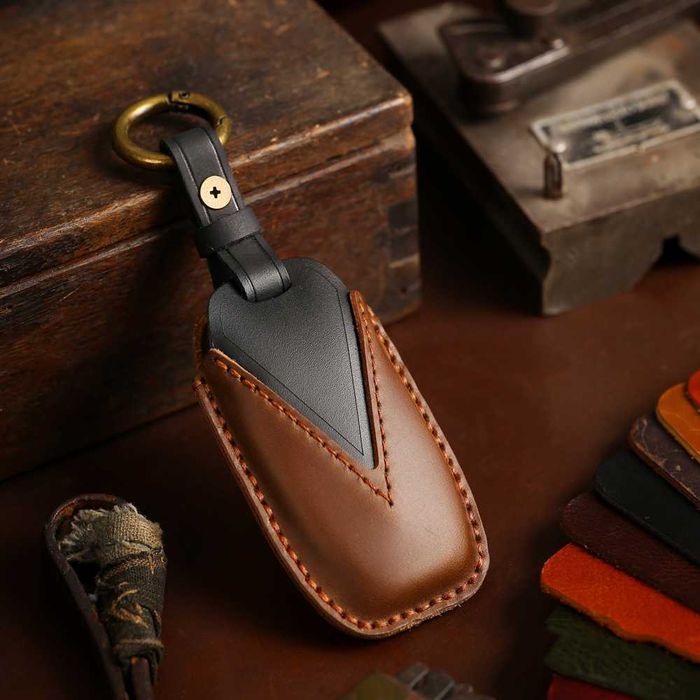 Husa cheie 3 butoane Audi A4 B8 A6 C7, piele naturala, albastru/maro