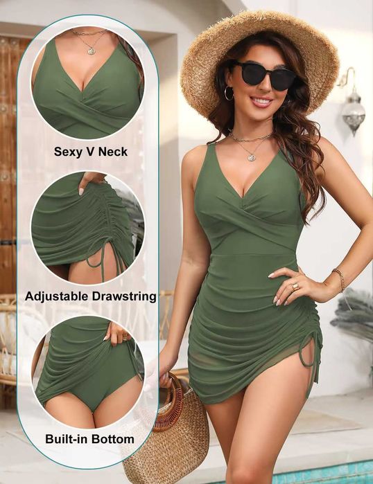 Дамски цял бански с дълбоко V-деколте и оформящ ефект – зелен, S