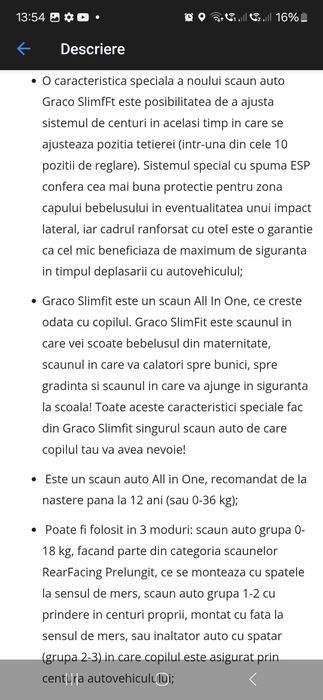Scaun auto Graco slimfit  0-18 kg  și 18-36 kg