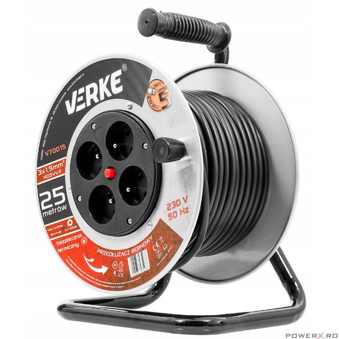 Rola prelungitor cablu negru, cu cadru metalic, 25 metri 3 x 1,5 mm