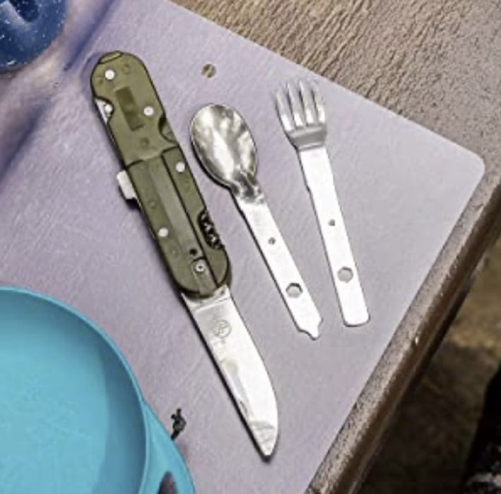Джобен нож с прибори за хранене 7в1 преносим комплект калъф за колан