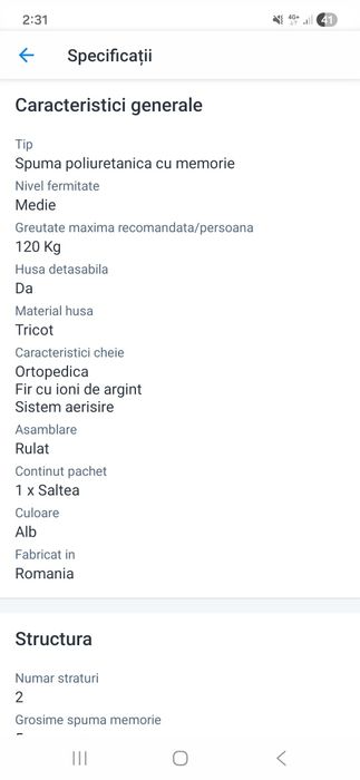 Saltea de pat cu spuma de memorie 160x200