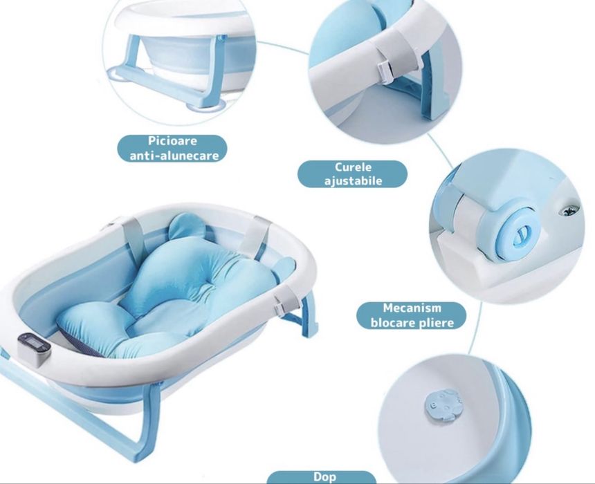 Cădiță cu pernuță pentru bebeluși, termometru digital incorporat, bleu