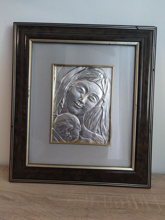 Tablou icoana deosebită Maica Domnului - Basorelief Argintat - Made in Italy (38x43 cm)