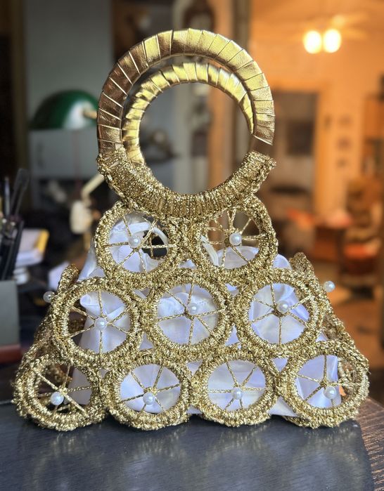 Geanta de seară handmade aurie cu perle