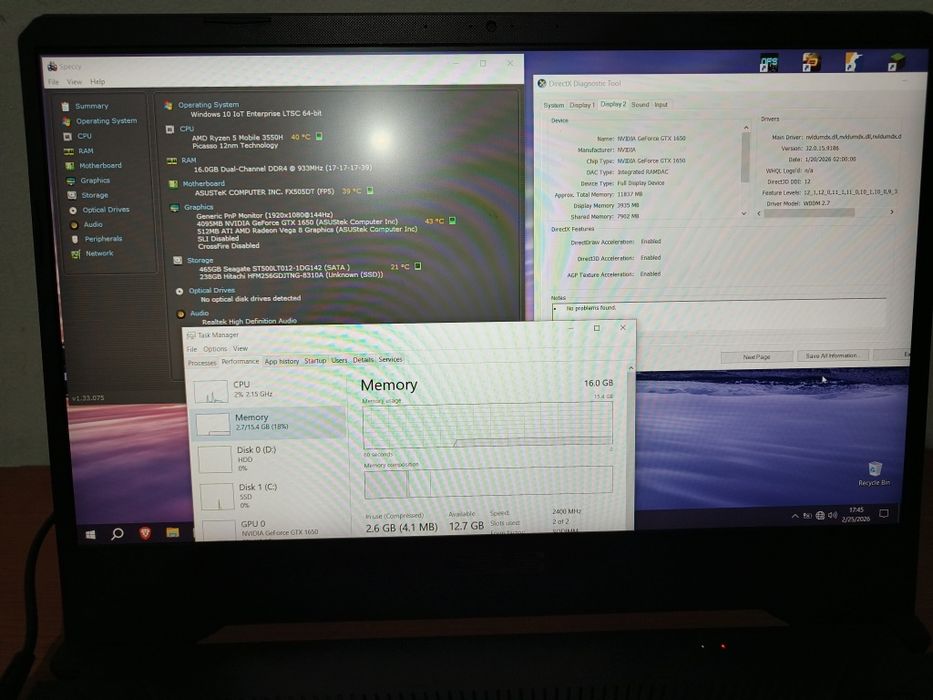 Laptop Gaming ASUS FX505DT Ryzen 5 3550H 16Gb RAM GTX 1650 256Gb SSD