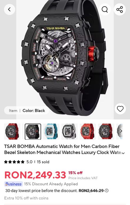 Ceas Automatic Tsar Bomba Fibra de Carbon tip Richard Mille Mecanic