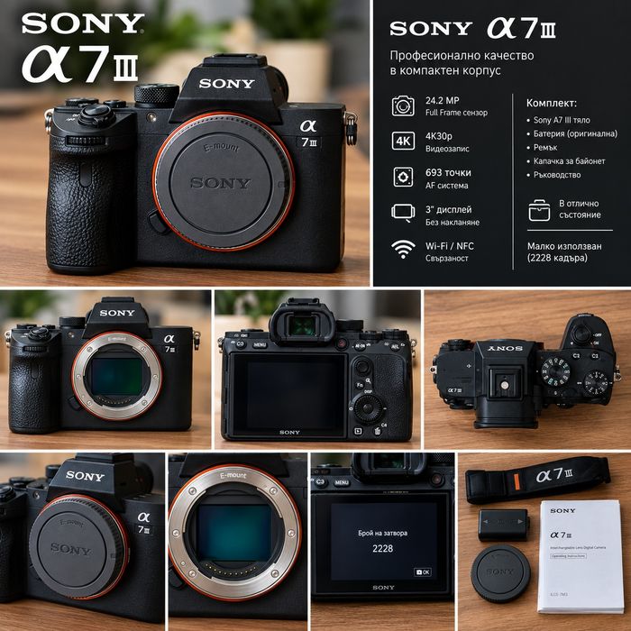 Sony A7 III  комплект с два обектива Sony 28-70/3.5-5.6 OSS  и Sony FE 1.8/50  чанта за съхранение и карта с памет 128GB