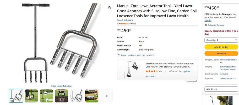 Aerator gazon 5 tije, aerare pamant, 93cm