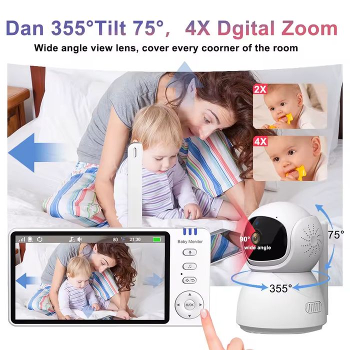 Голям 5инчов Бебефон с 360гр.въртяща аудио-видео камера