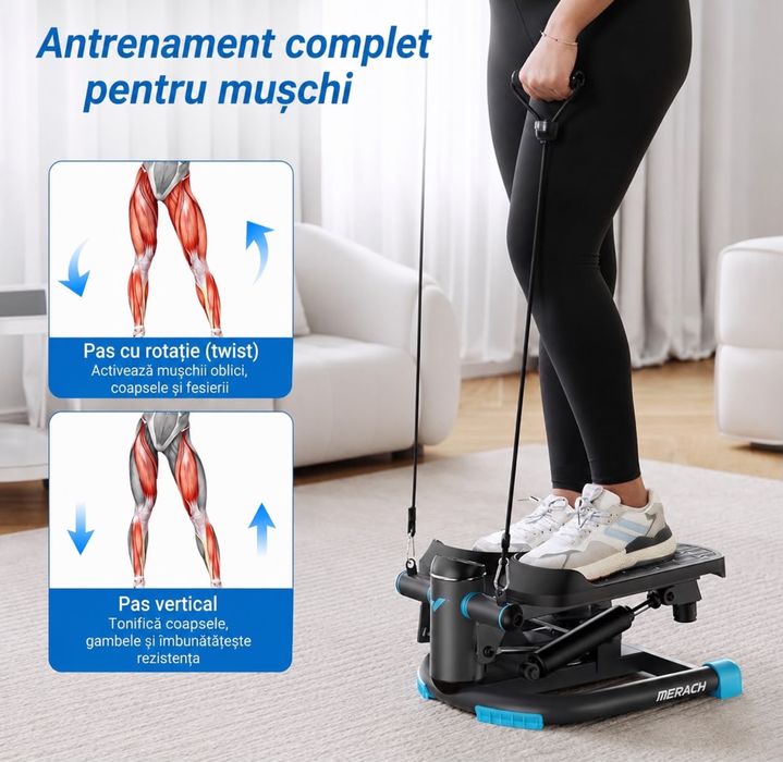 MERACH Mini Stepper 2 în 1 cu LCD + Benzi Elastice, 150 kg, Twist Stepper, Negru