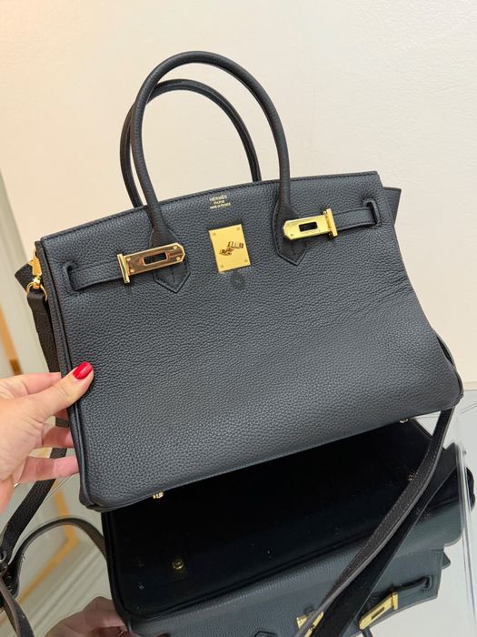 Geantă Hermès Birkin neagră – piele naturală, curea umăr, hardware auriu