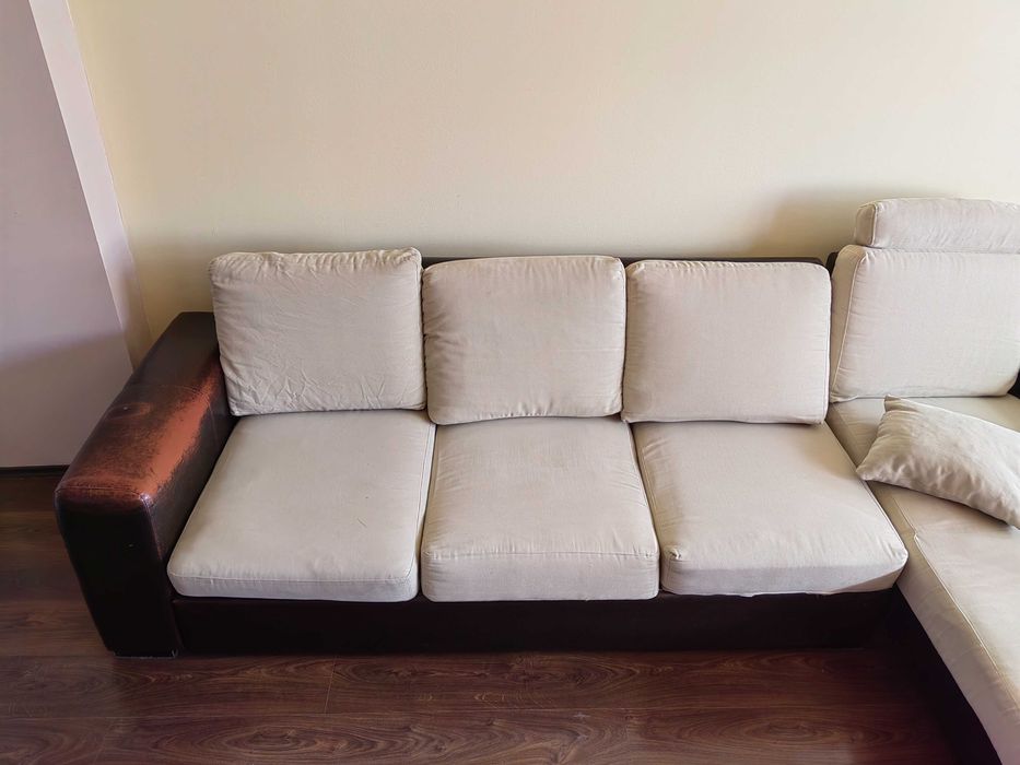 Ъглов ляв  диван  кожа с плат
